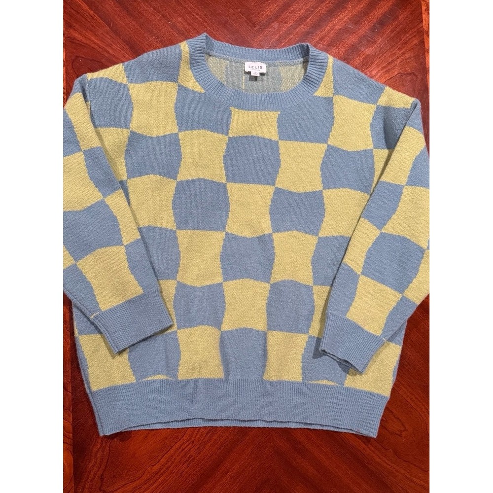 Le‎ Lis crewneck pullover sweater blue green checkerboard pattern size medium